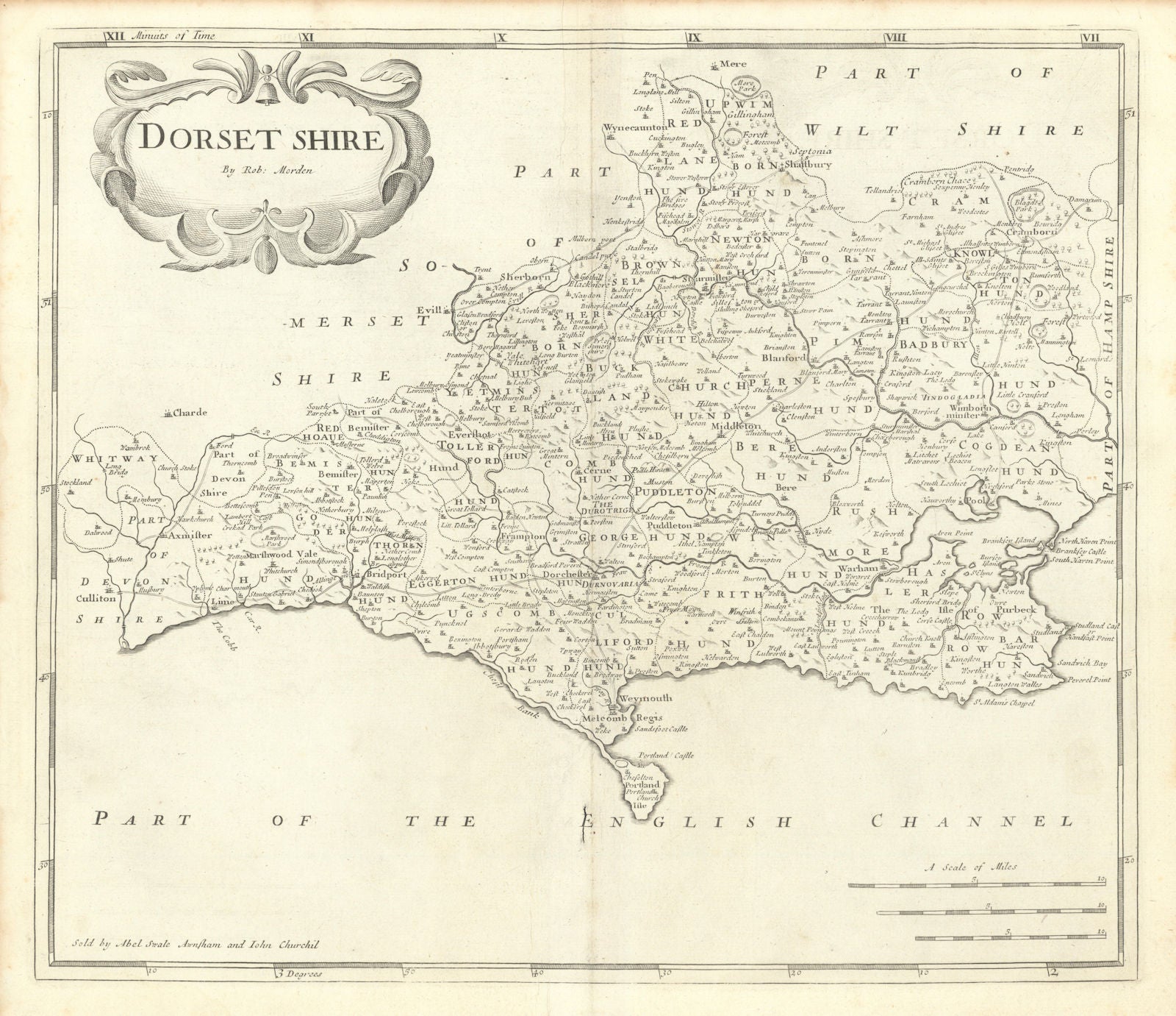 Dorset. 'DORSET SHIRE' by ROBERT MORDEN from Camden's Britannia 1722 old map